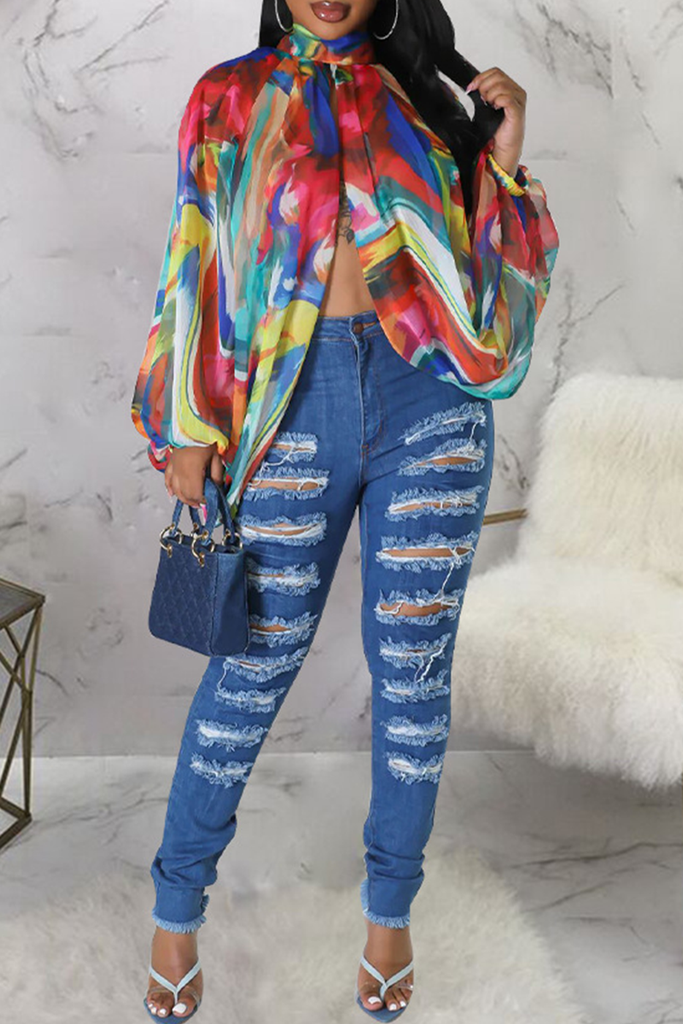 Sexy Print Slit O Neck Tops