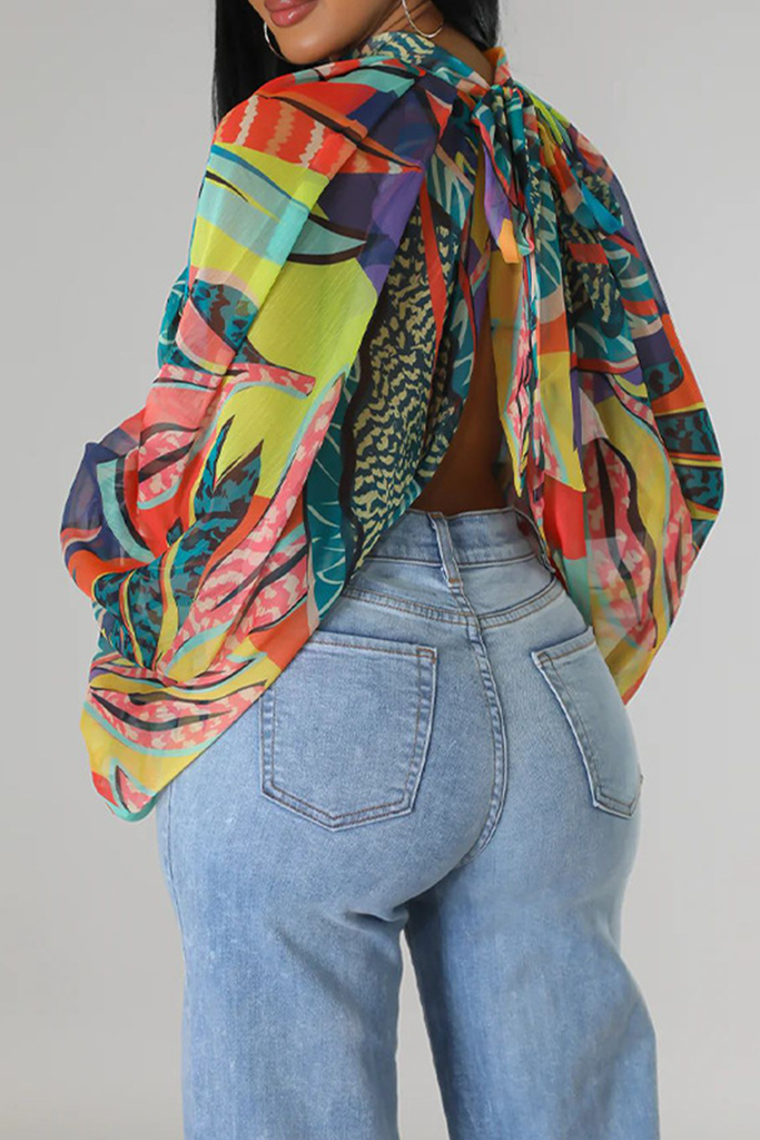 Sexy Print Slit O Neck Tops