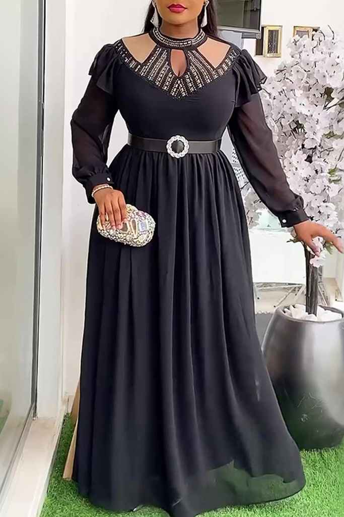 Elegant Solid Color Hollow Out Hot Drill O Neck Long Plus Size Dresses