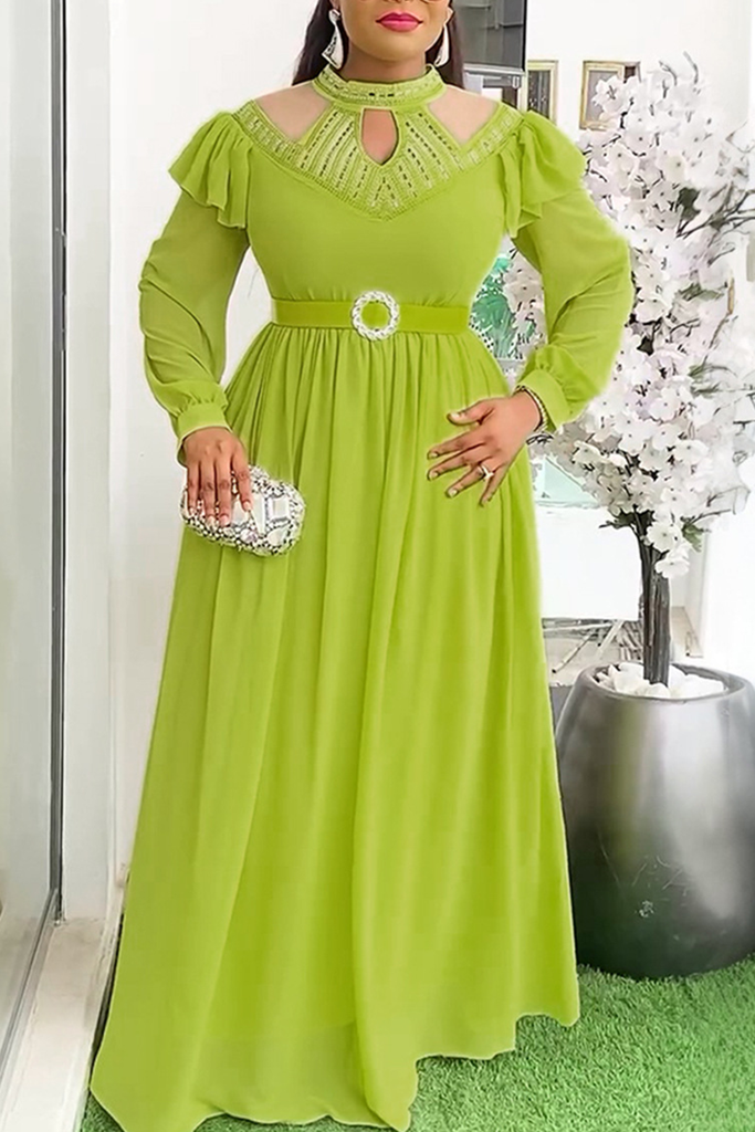 Elegant Solid Color Hollow Out Hot Drill O Neck Long Plus Size Dresses