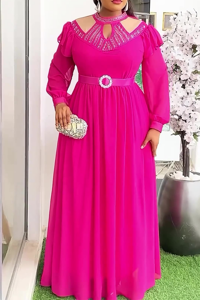 Elegant Solid Color Hollow Out Hot Drill O Neck Long Plus Size Dresses