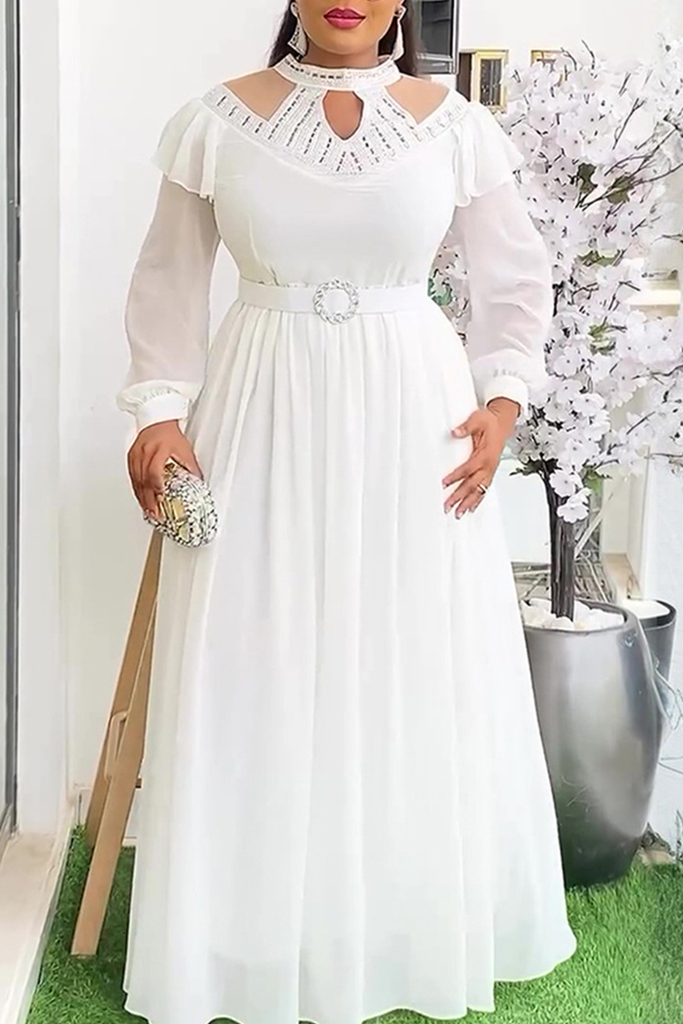 Elegant Solid Color Hollow Out Hot Drill O Neck Long Plus Size Dresses