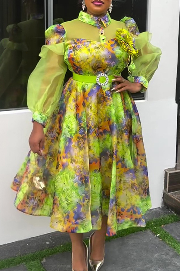 Elegant Tie Dye With Belt Flower Shape Turndown Collar Long Plus Size Dresses