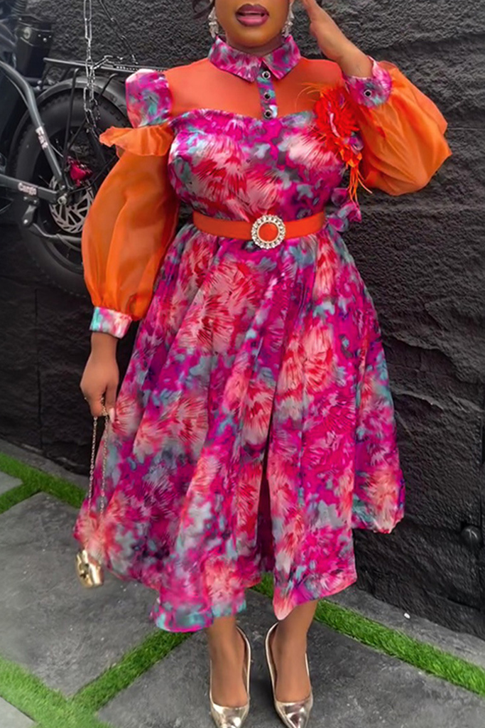 Elegant Tie Dye With Belt Flower Shape Turndown Collar Long Plus Size Dresses