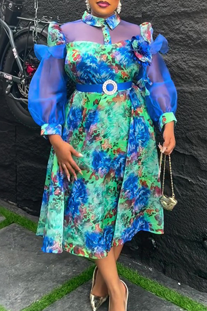 Elegant Tie Dye With Belt Flower Shape Turndown Collar Long Plus Size Dresses