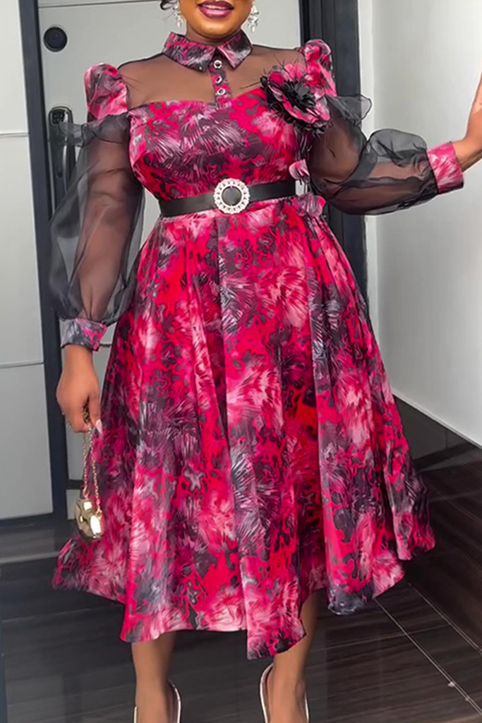 Elegant Tie Dye With Belt Flower Shape Turndown Collar Long Plus Size Dresses