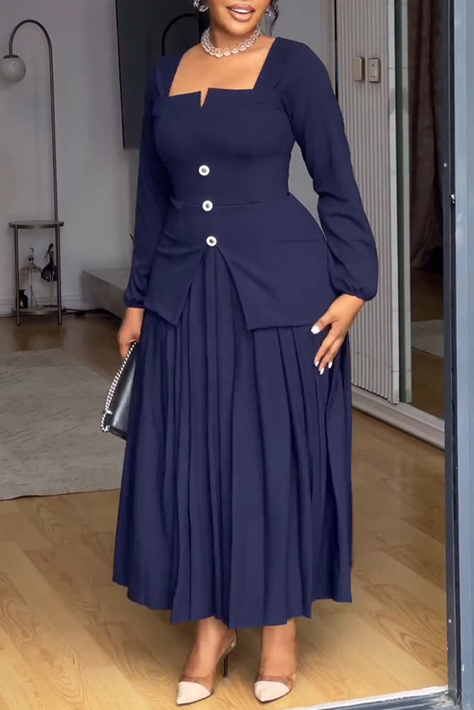 Casual Daily Elegant Solid Color Patchwork Square Neck Long Dresses