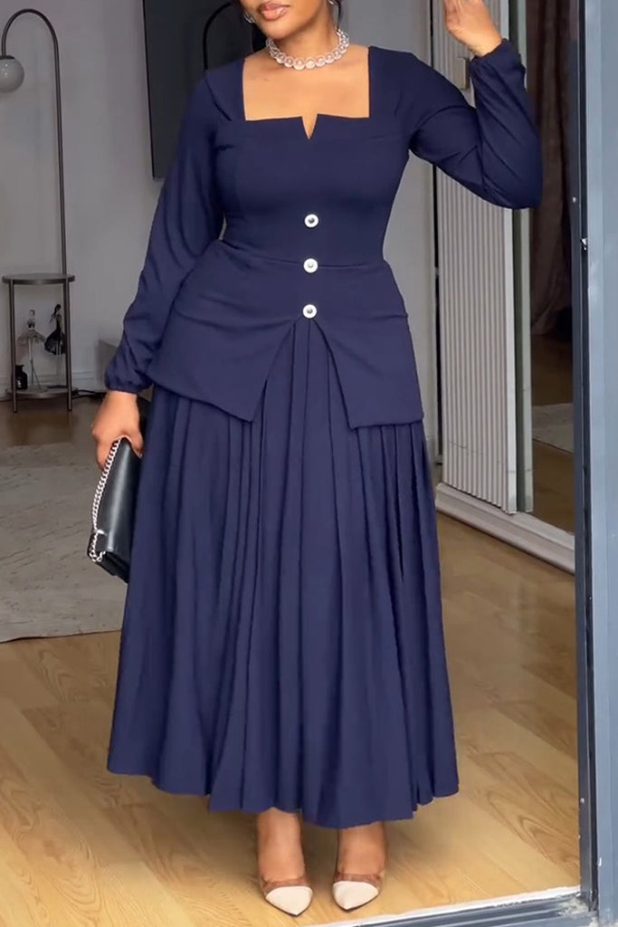 Casual Daily Elegant Solid Color Patchwork Square Neck Long Dresses
