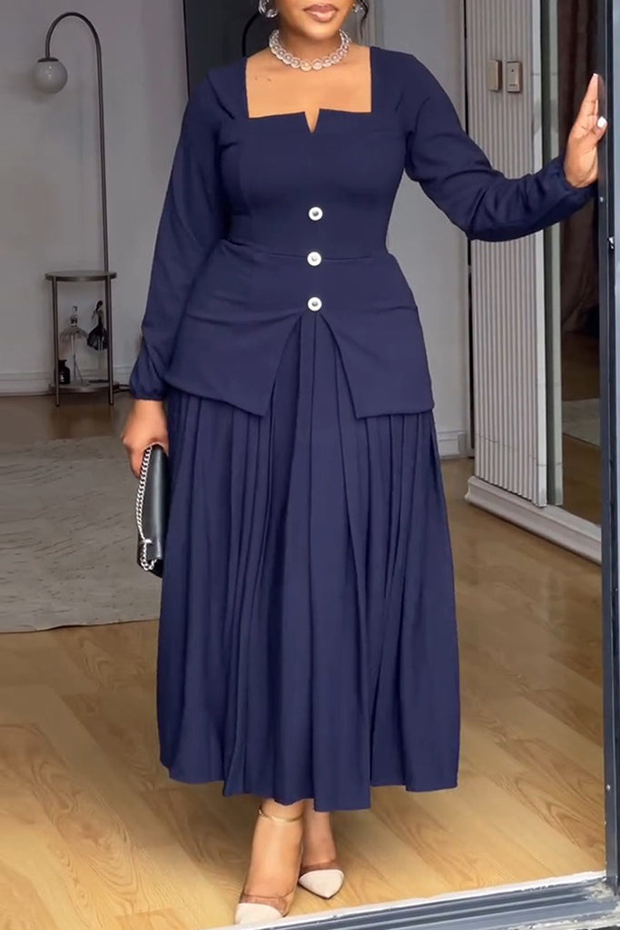 Casual Daily Elegant Solid Color Patchwork Square Neck Long Dresses