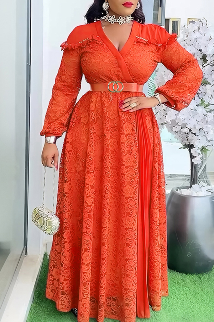 Elegant Solid Color Lace With Belt V Neck Long Plus Size Dresses