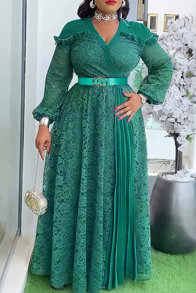Elegant Solid Color Lace With Belt V Neck Long Plus Size Dresses