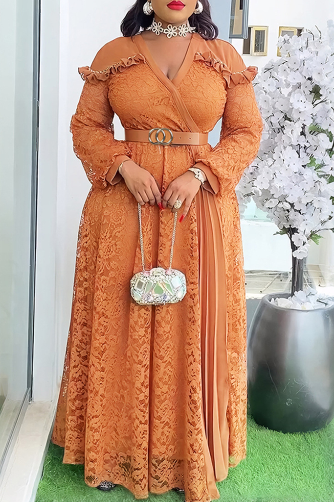 Elegant Solid Color Lace With Belt V Neck Long Plus Size Dresses