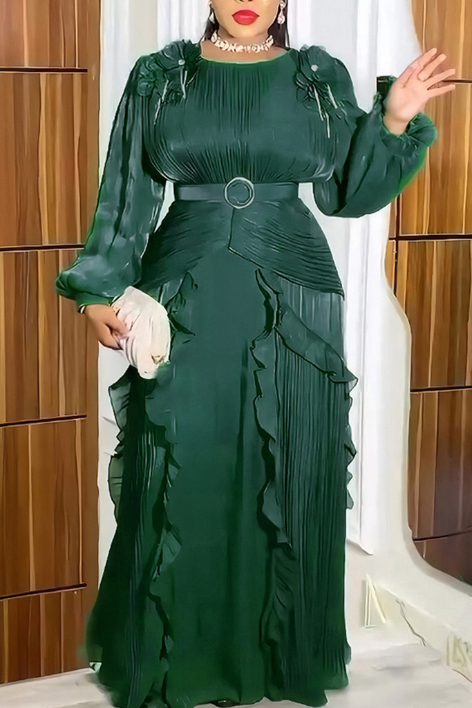 Elegant Solid Color With Belt Flounce Flower Shape O Neck Long Plus Size Dresses