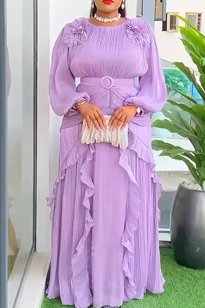 Elegant Solid Color With Belt Flounce Flower Shape O Neck Long Plus Size Dresses