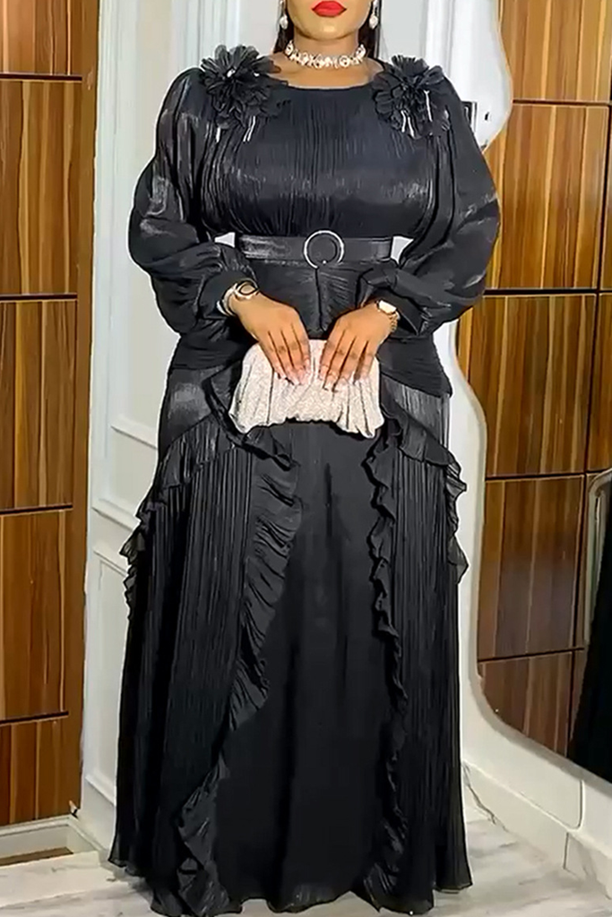 Elegant Solid Color With Belt Flounce Flower Shape O Neck Long Plus Size Dresses