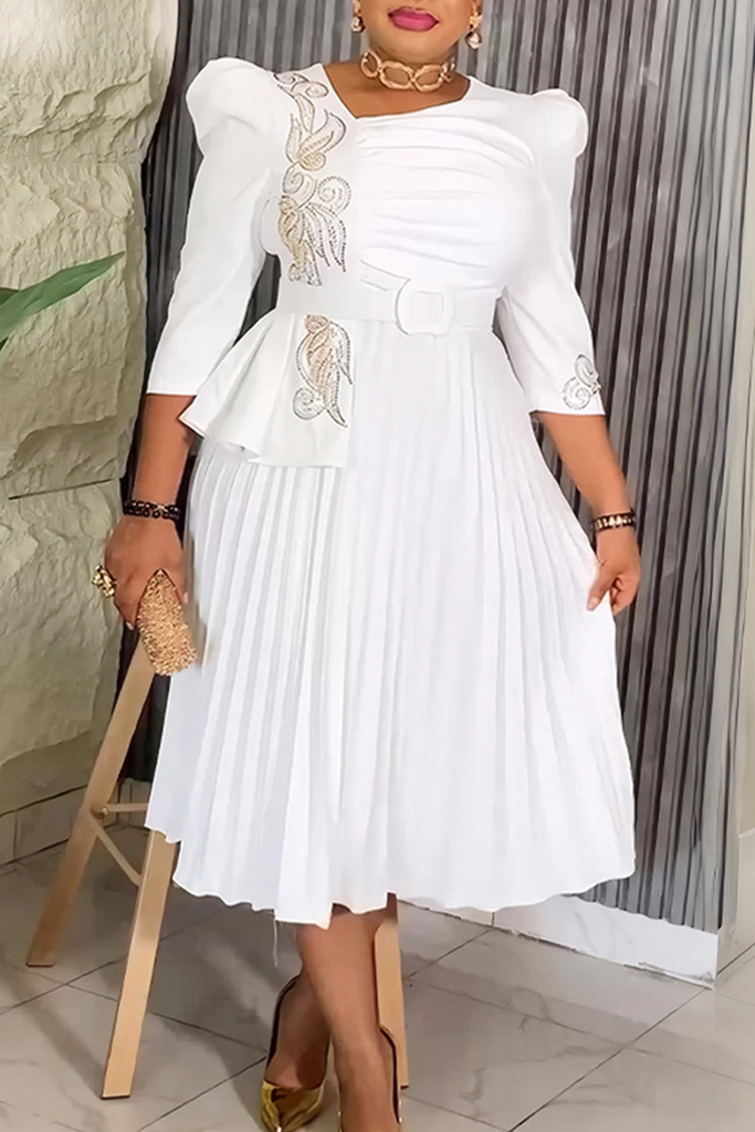 Elegant Solid Color With Belt Pleated Asymmetrical Collar Long Plus Size Dresses