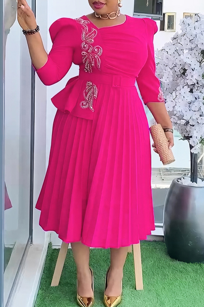 Elegant Solid Color With Belt Pleated Asymmetrical Collar Long Plus Size Dresses