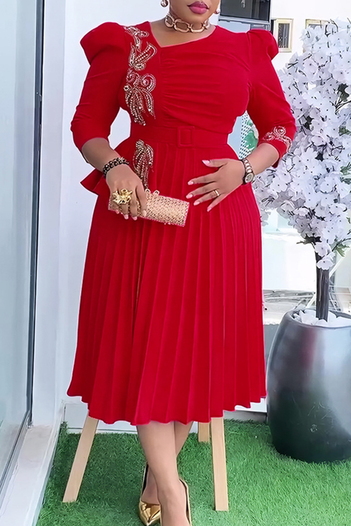 Elegant Solid Color With Belt Pleated Asymmetrical Collar Long Plus Size Dresses