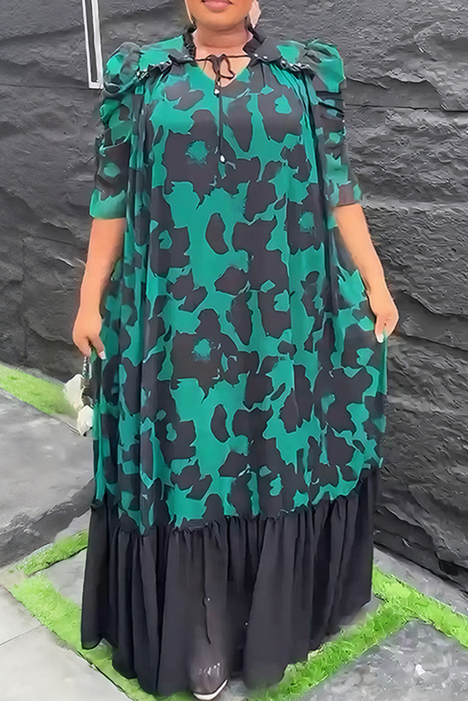 Elegant Print Patchwork O Neck Long Dresses