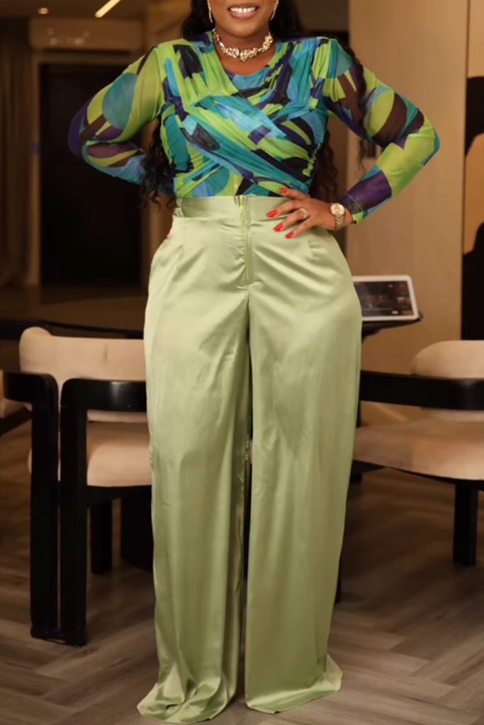Casual Daily Print Ruched O Neck Long Sleeve Two Pieces