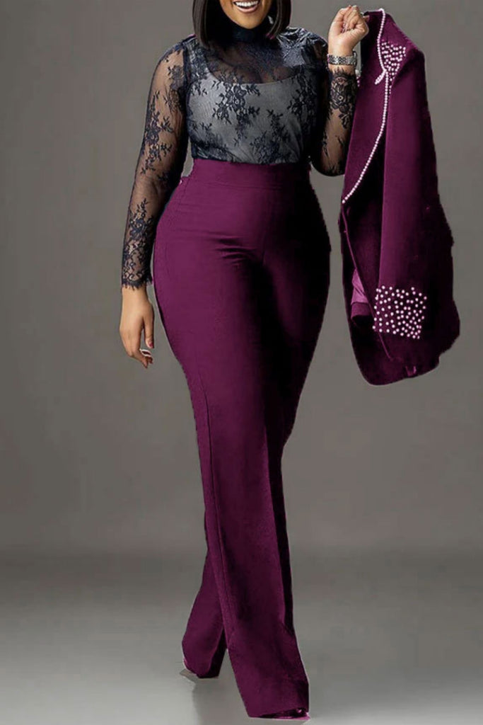 Business Wear Formal Office lady Solid Color Pocket Buttons Hot Drill Turn-back Collar Long Sleeve Two Pieces