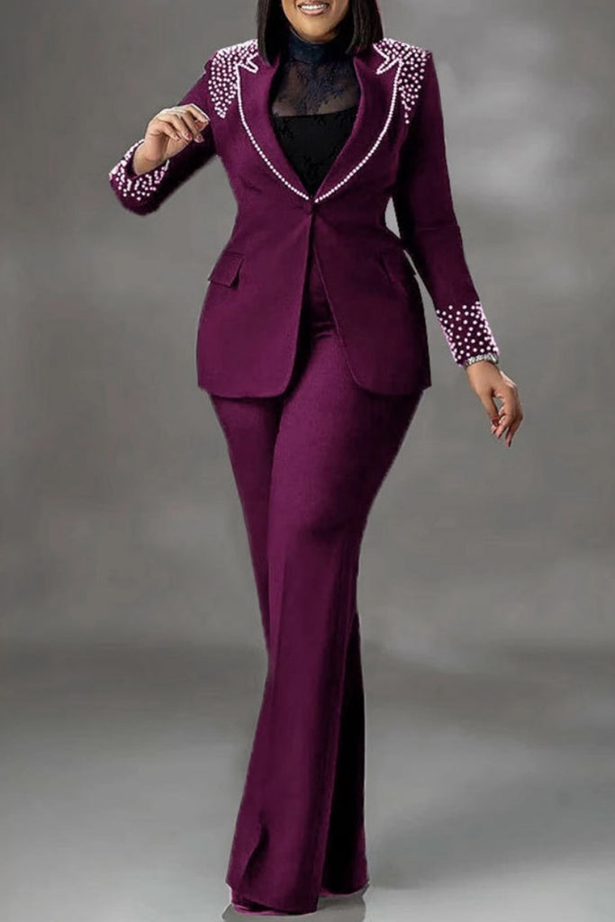 Business Wear Formal Office lady Solid Color Pocket Buttons Hot Drill Turn-back Collar Long Sleeve Two Pieces