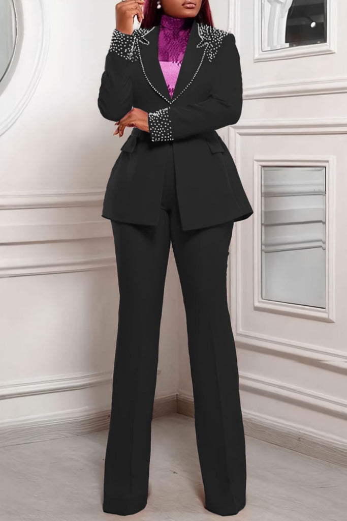 Business Wear Formal Office lady Solid Color Pocket Buttons Hot Drill Turn-back Collar Long Sleeve Two Pieces