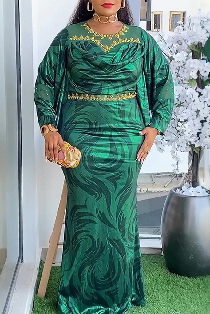 Elegant Solid Color Hot Drill O Neck Long Plus Size Dresses