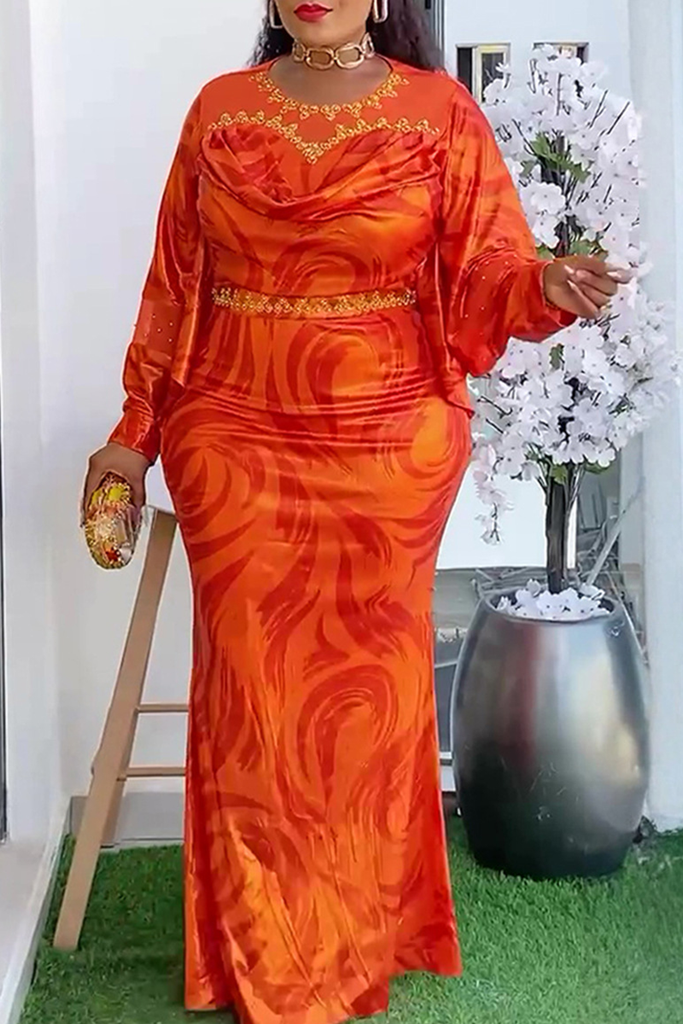 Elegant Solid Color Hot Drill O Neck Long Plus Size Dresses
