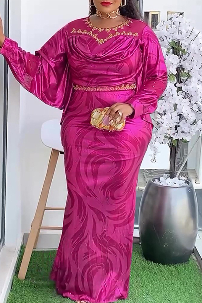 Elegant Solid Color Hot Drill O Neck Long Plus Size Dresses