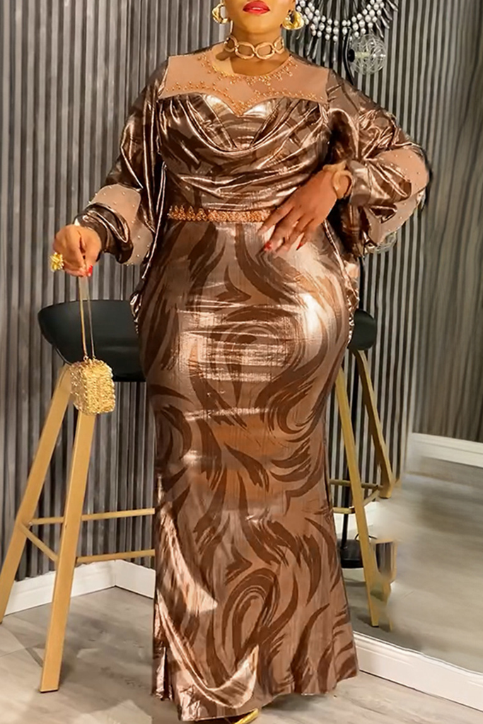 Elegant Solid Color Hot Drill O Neck Long Plus Size Dresses