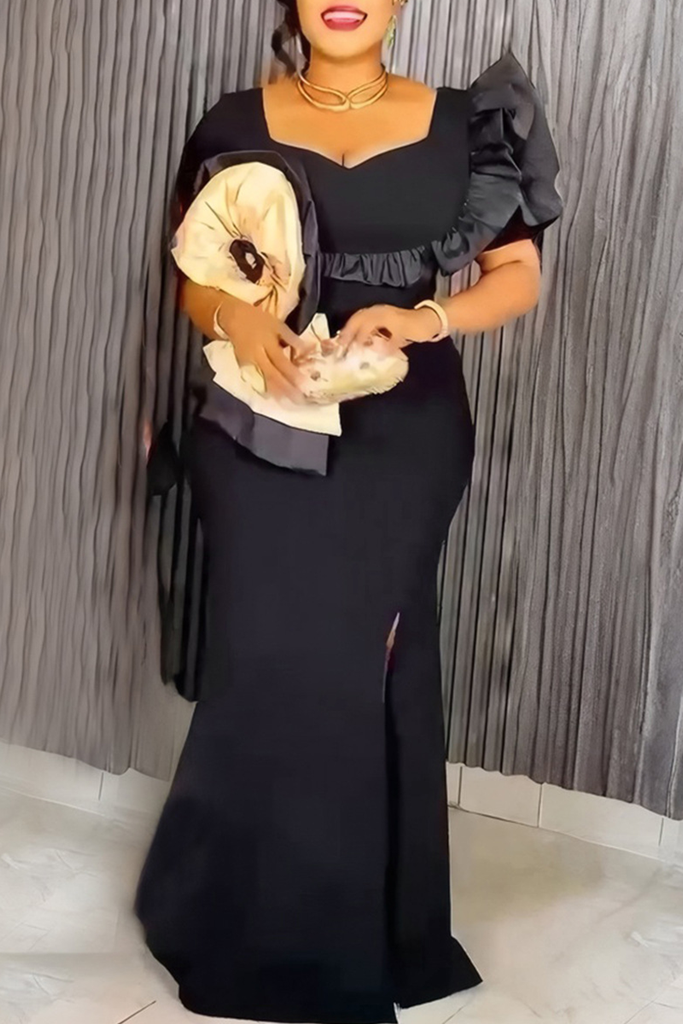 Elegant Solid Color Slit Zipper Rhinestone Decor Square Neck Long Plus Size Dresses