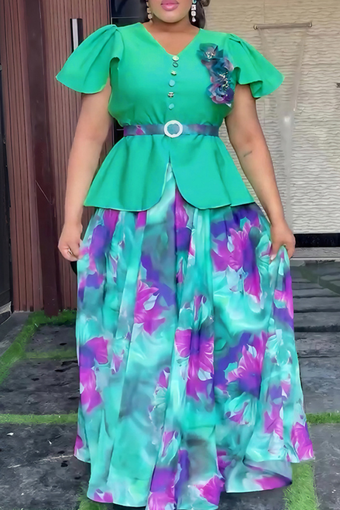 Elegant Print Buckle With Belt V Neck A Line Plus Size Dresses