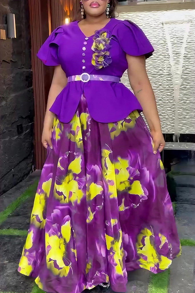Elegant Print Buckle With Belt V Neck A Line Plus Size Dresses
