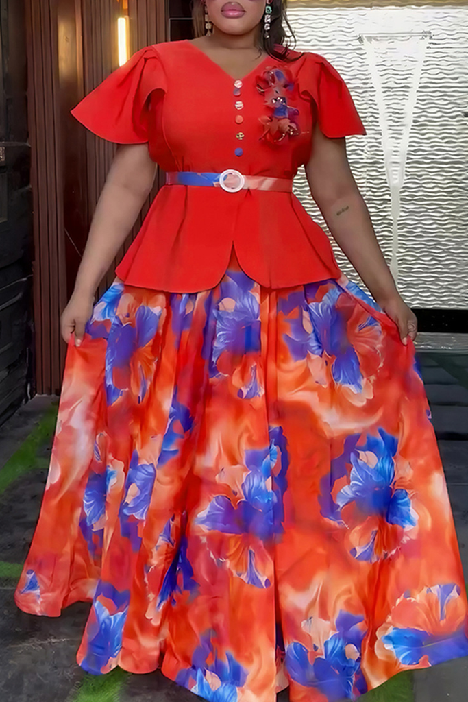 Elegant Print Buckle With Belt V Neck A Line Plus Size Dresses