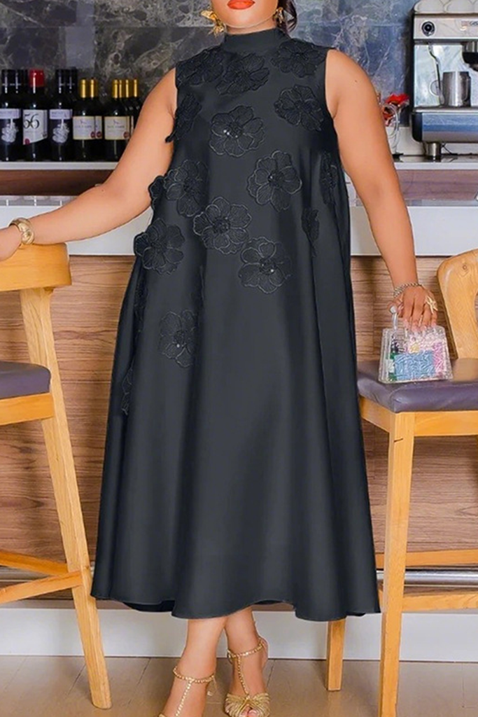 Casual Solid Color Strap Design Flower Shape O Neck Long Dresses