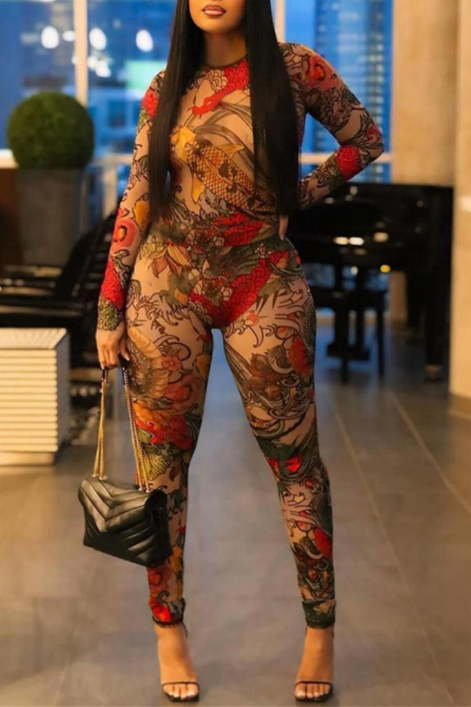 Sexy Print Basic O Neck Long Sleeve Two Pieces