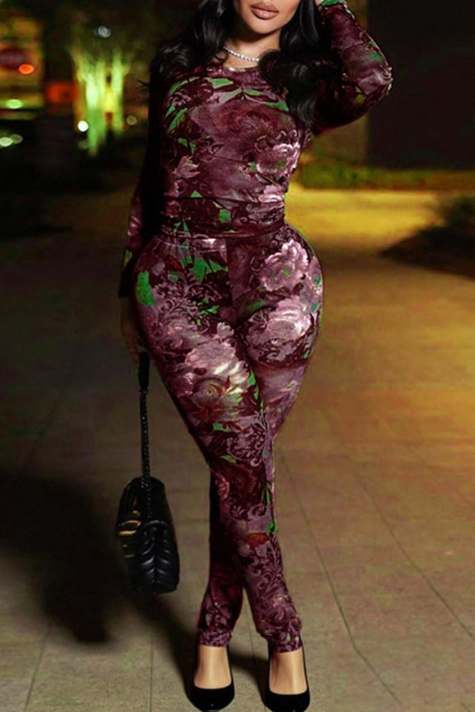 Sexy Print Basic O Neck Long Sleeve Two Pieces