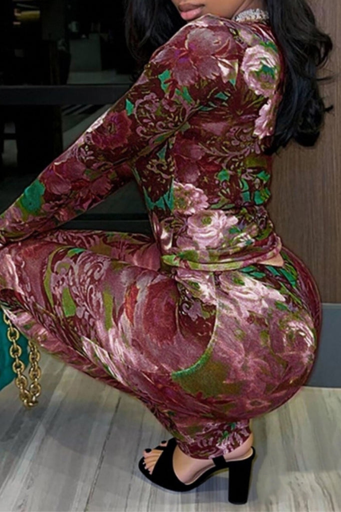 Sexy Print Basic O Neck Long Sleeve Two Pieces