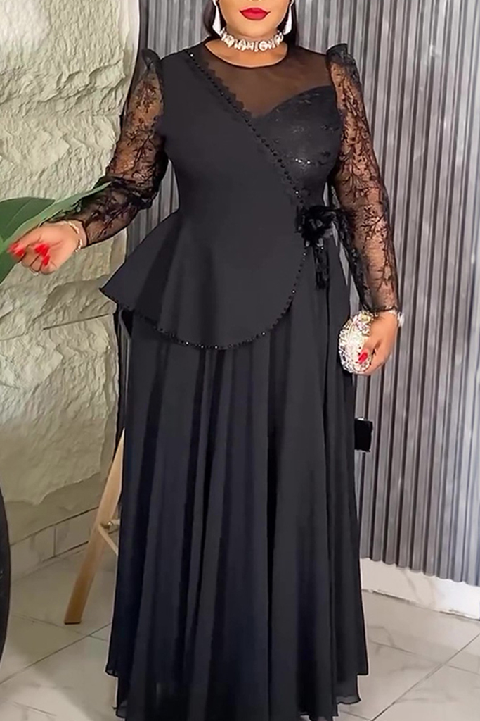Elegant Solid Color Patchwork O Neck Evening Plus Size Dresses