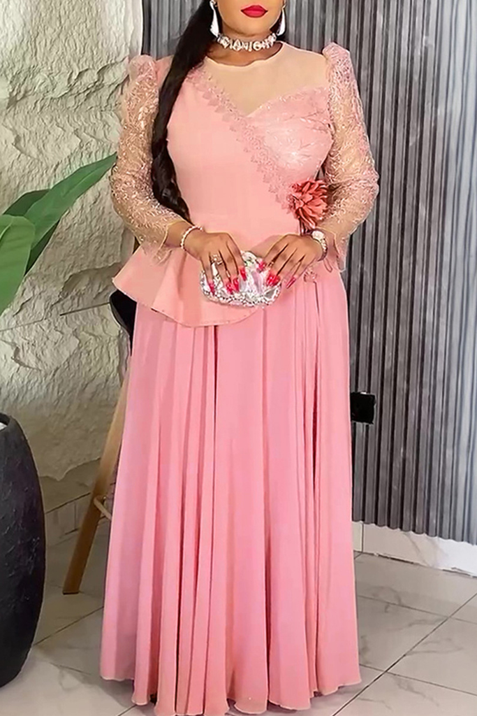 Elegant Solid Color Patchwork O Neck Evening Plus Size Dresses