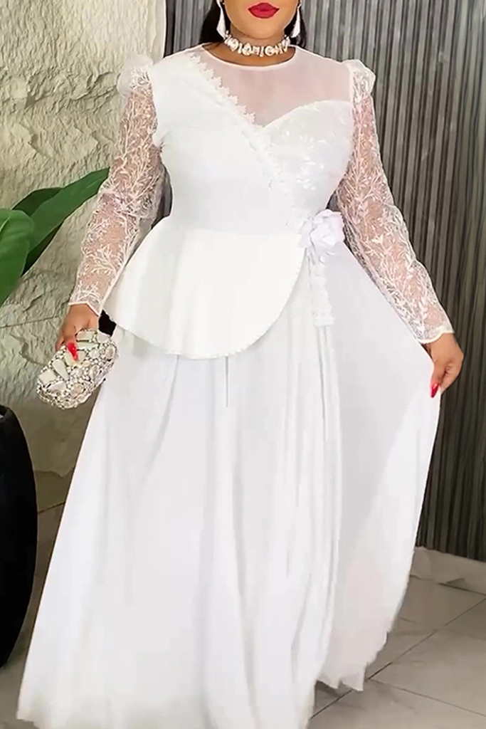 Elegant Solid Color Patchwork O Neck Evening Plus Size Dresses