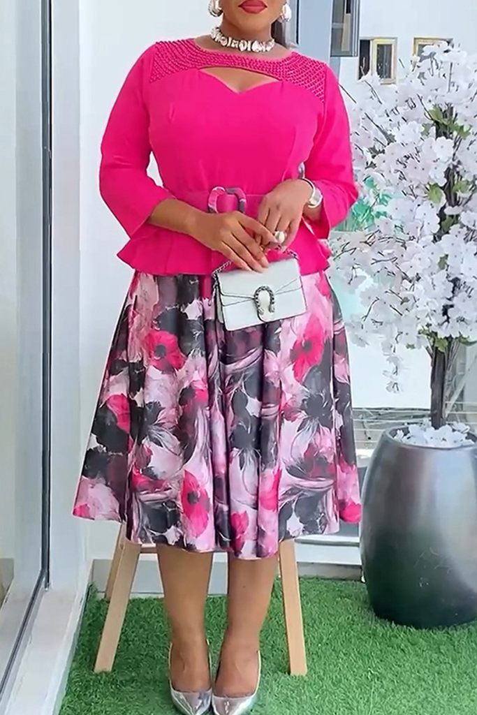 Elegant Print With Belt O Neck Long Plus Size Dresses