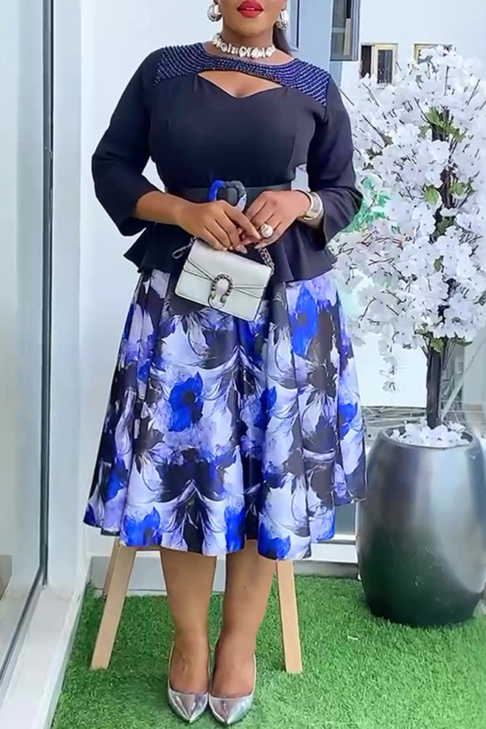 Elegant Print With Belt O Neck Long Plus Size Dresses