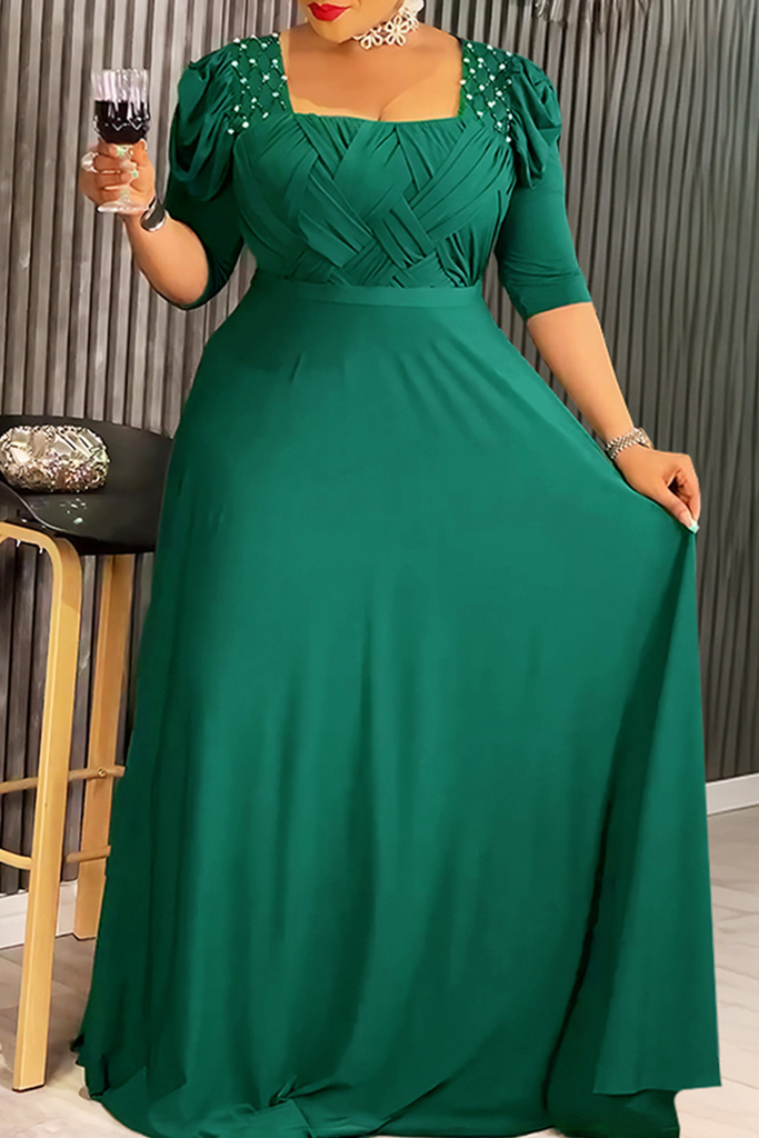 Elegant Solid Color Ruched Square Neck Long Plus Size Dresses