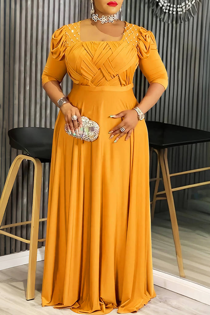 Elegant Solid Color Ruched Square Neck Long Plus Size Dresses
