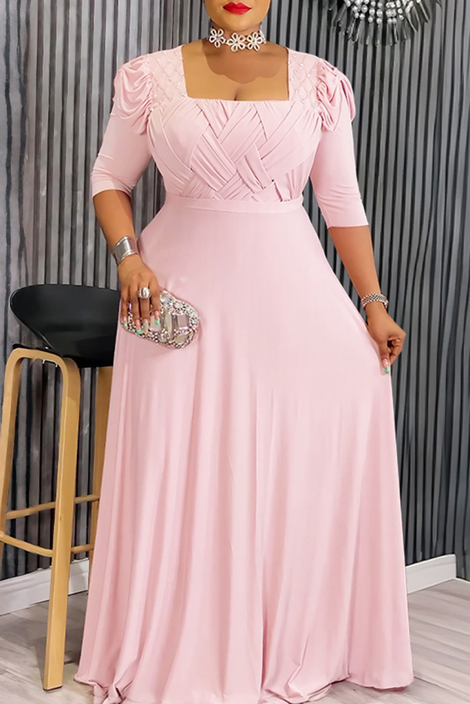 Elegant Solid Color Ruched Square Neck Long Plus Size Dresses