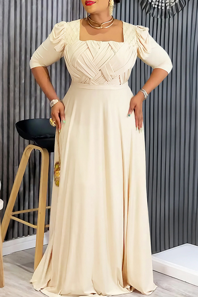 Elegant Solid Color Ruched Square Neck Long Plus Size Dresses