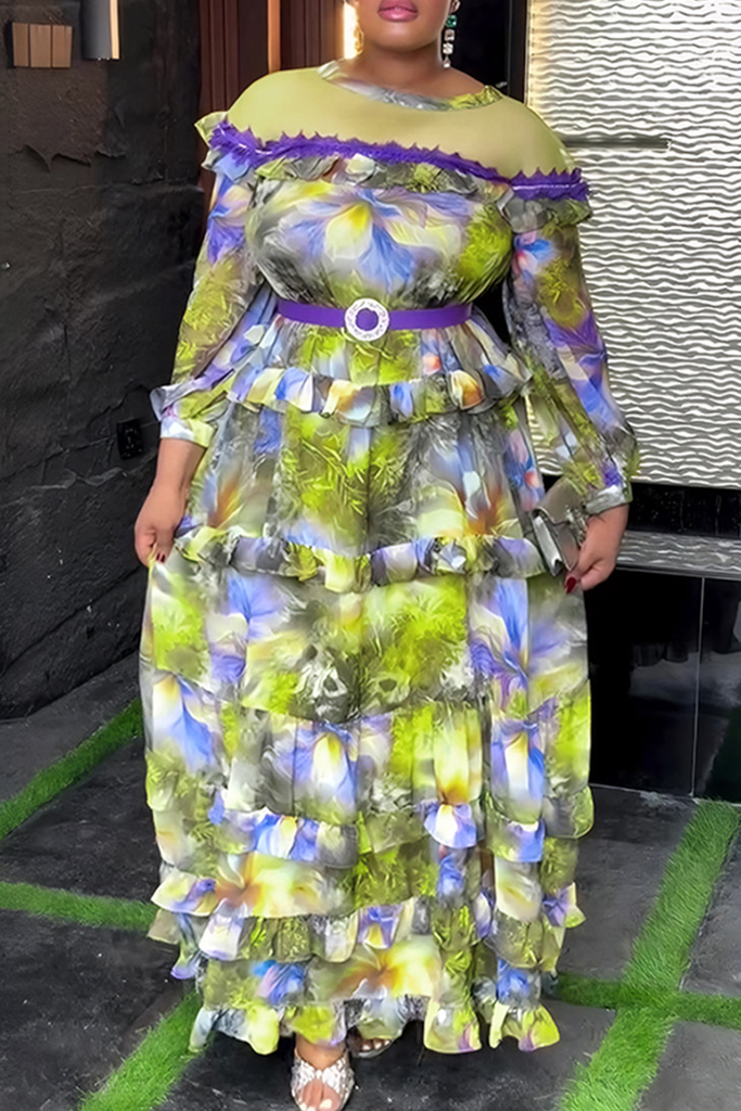 Elegant Print With Belt Hot Drill Contrast O Neck Long Plus Size Dresses