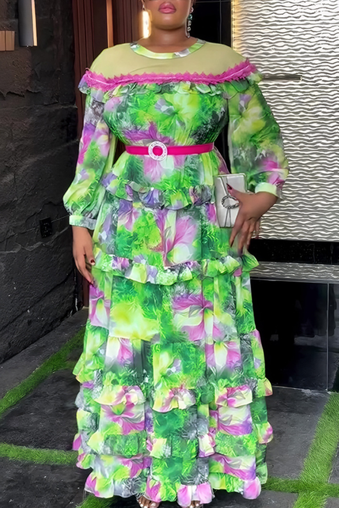 Elegant Print With Belt Hot Drill Contrast O Neck Long Plus Size Dresses